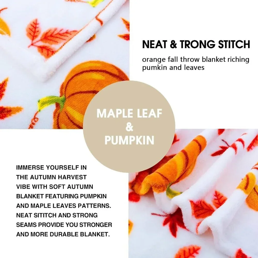 Fall Throw Blanket - Halloween Pumpkin Plush, Fuzzy Orange‎ Leaf, 50'' x 60